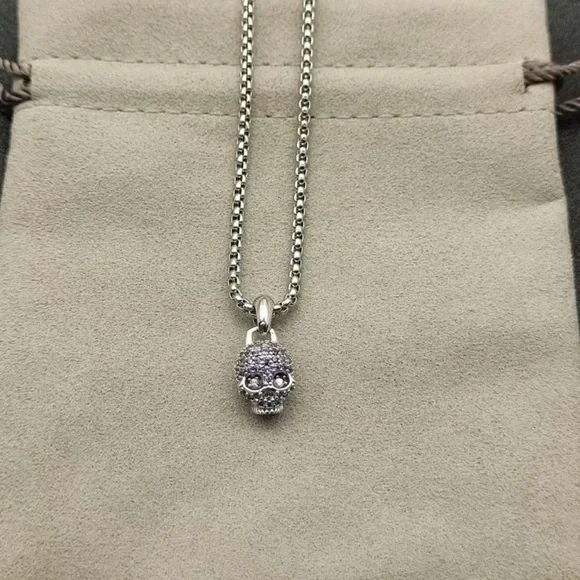 David Yurman Silver Skull Pendant Necklace with Light Purple Crystal Accents - Picture 1 of 3